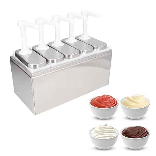 Condiment Pump Dispenser, 1L Single Jars Stainless Steel Sauce Dispenser Pump Ketchup Pump Dispenser Davinci Syrup Sauce Pump Container Salad Pump Container (5 Pumps)