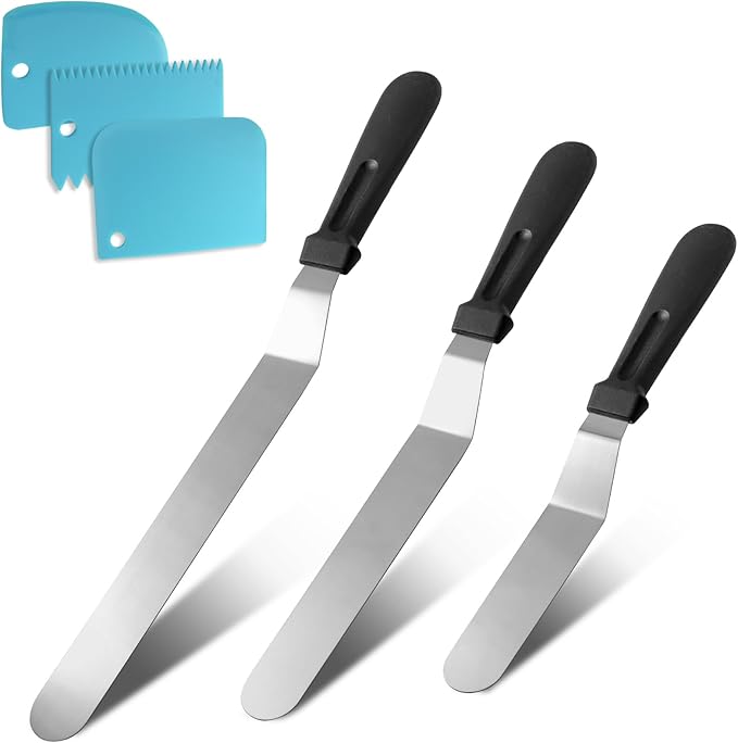 Litoexpe 6 Pack Stainless Steel Icing Spatulas with 3 Blue Cake Smoother Scrapers, Angled Cake Spatulas Cake Smoother Scrapers, Frosting Offset Spatula Set for Cake Decorating Baking (6", 8", 10")