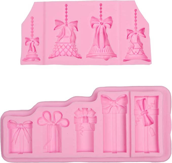 Bells Fondant Silicone Mold, Christmas Gift Box Chocolate Mold for Cake Decoration Cupcake Topper Candy Cookie Dessert Sugar Craft Gum Paste Polymer Clay Resin