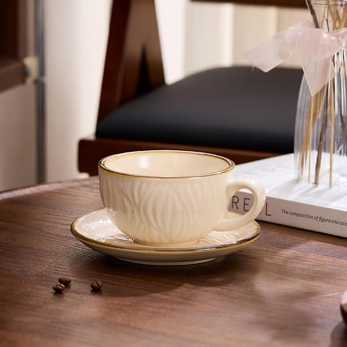 Coffeezone Vintage Design 12 oz Ceramic Latte Art Cappuccino Barista Cup with Saucer (Wave Beige) - Image 6
