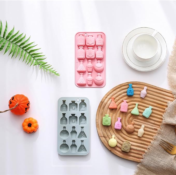 2 Pack 3D Apothecary Potion Bottle Silicone Molds 12 Cavity Halloween Themed Baking Mould Tray DIY Baking Tool for Chocolate Cake Dessert Candy Mousse Pastry Handmade Soap Crayons Cupcake Topper - Image 9
