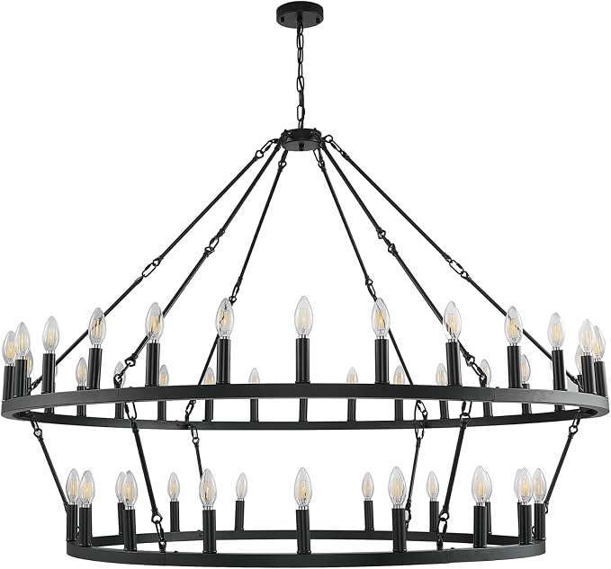 55 Inch Black Wagon Wheel Chandelier, 2 Tier 48-Lights Farmhouse Chandelier for Living Room, Round Rustic Dining Room Light Fixture, Extra Large Foyer Chandeliers for High Ceilings, for Entryway - Image 9