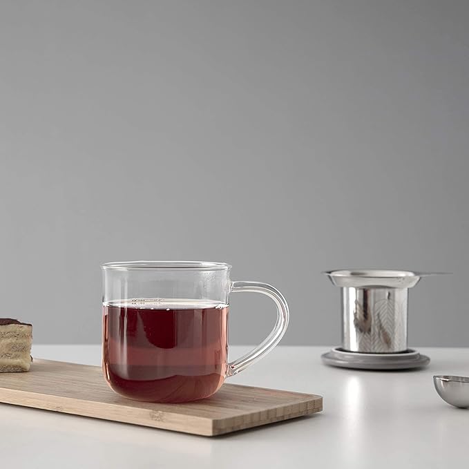 VIVA Minima Eva Glass Tea Cup with Mesh Infuser - Coffee Mug With Porcelain Lid/Saucer - 14 oz / 400 ml, Wool