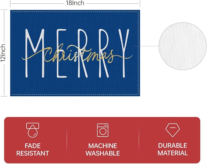 ONWAY Merry Christmas Gold Placemats 12x18 Inch Set of 4 Xmas Winter Holiday Place Mats for Home Party Kitchen Dining Table Decorations Blue - Image 5