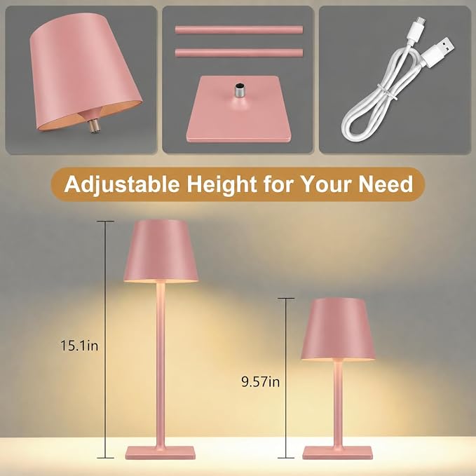 Yogaret Pink Cordless Table Lamps, 6000mAh Rechargeable Battery, 2 Pack | Portable table lights set of 2 wireless battery operated lamps for indoor tables, patio, restaurant, dinner and kitchen use - Image 7