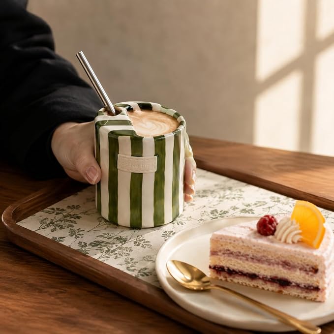 Ceramic Coffee Mug with Sip Hole Espresso Cup 10oz with Straws and Sleeve | 10oz Hand-Painted Striped Travel Mug Microwave & Dishwasher Safe for Coffee Lover - Green with Straw - Image 8