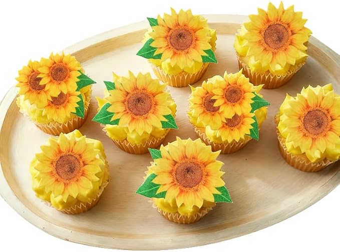 50PCS Edible Sunflower-Shaped Cake Decorations, With Green Leaves and Flowers, Suitable for Sunflower Bohemian Spring and Summer Themes, Birthdays, Weddings, and Christmas Parties (50 Flowers) - Image 8