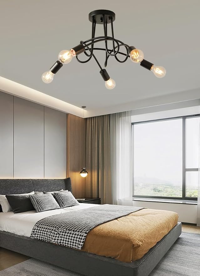 Modern Farmhouse Chandelier,25 Inch 5 Light Sputnik Semi Flush Mount Ceiling Light, Metal Black Rustic Light Fixture for Dining Room Bedroom Kitchen Hallway Entryway - Image 9