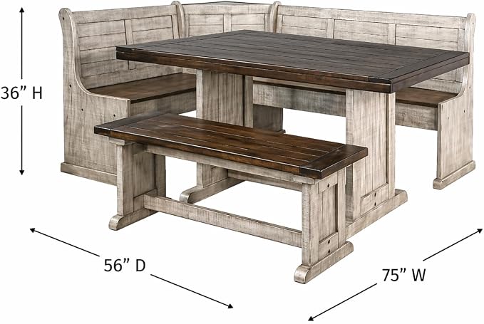 Pemberly Row 3-Piece Traditional Solid Wood Breakfast Nook Set with Table, Storage Space, Foldable Corner Shelf, Fit Any Space Blending Style and Function, in Gray & Brown Finish - Image 7