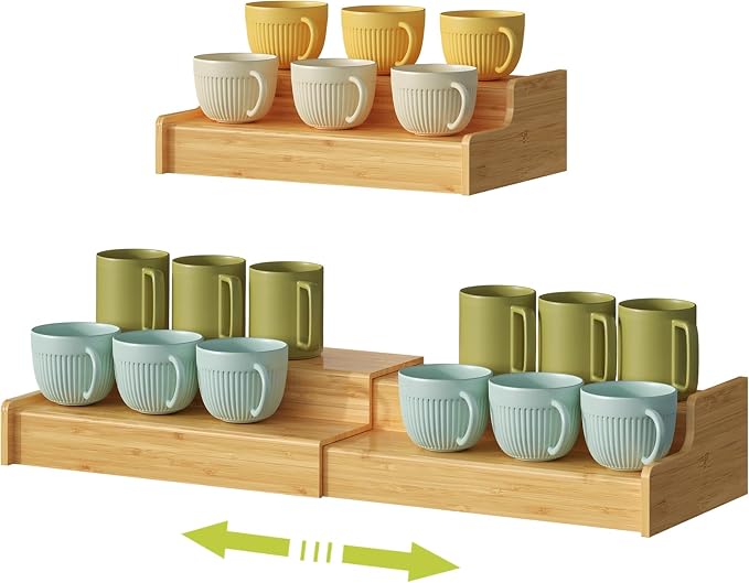Hongtamoya 2-Tier Expandable Bamboo Mug Holder Coffee Mug Rack Organizer for Countertop, Multi-Functional Mug Display Shelf for Coffee Bar, Kitchen, and Home (15.35"~29.92") - Image 8