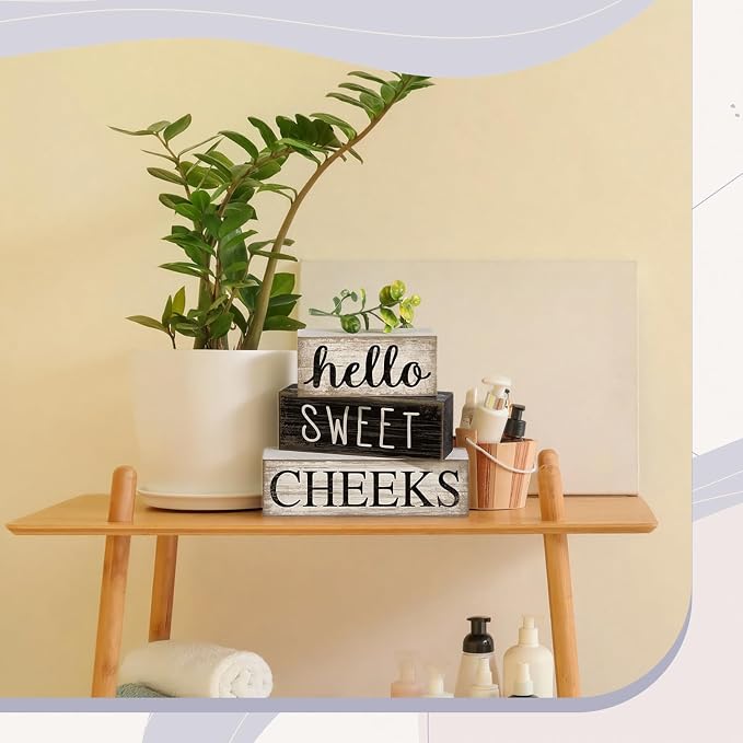 Moucuny 4 Pcs Bathroom Shelf Decor Hello Sweet Cheeks Sign Farmhouse Bathroom Decor and Accessories Rustic Eucalyptus Leaves Wood Block Sign Gift Sweet Home Table Centerpiece for Home Office - Image 7