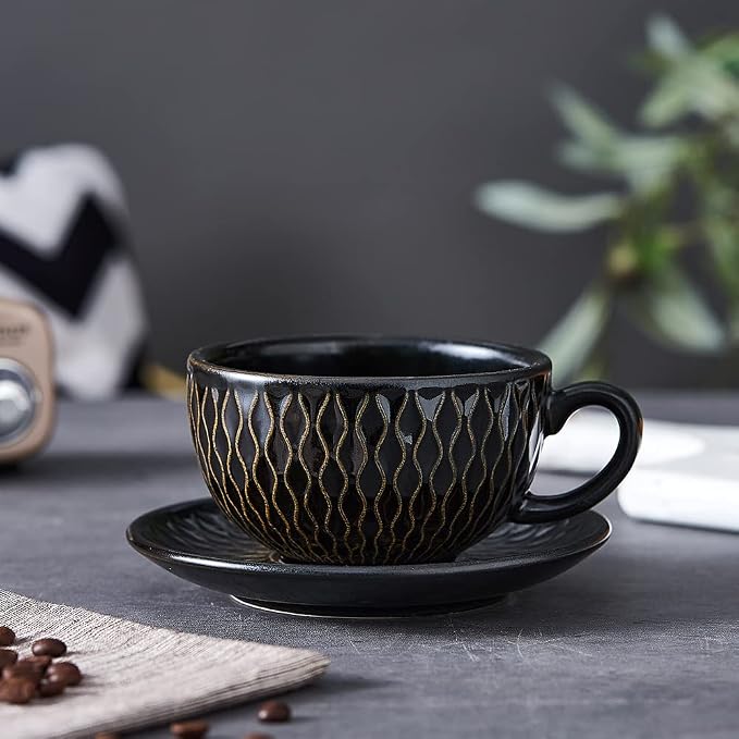 Coffeezone Vintage Design 12 oz Ceramic Latte Art Cappuccino Barista Cup with Saucer (Embossed Black) - Image 5