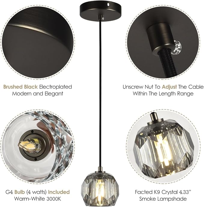 Crystal Pendant Light Fixture, Modern Black Pendant Light Kitchen Lighting, Small Crystal Pendant Island Hanging Light for Kitchen Dining Room - Image 6