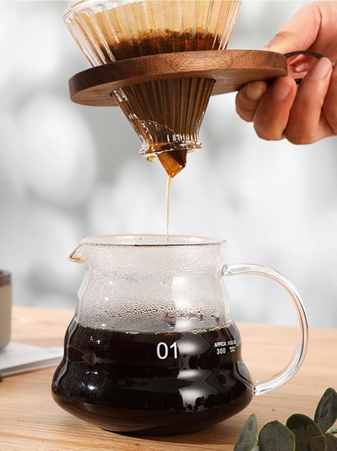 Pour Over Coffee Dripper V60 Glass Coffee Funnel Filter Reusable Cone Brewer with Black Walnut Wood Base Brewing Coffee Dripper Accessory for Coffee Pot Coffee Maker