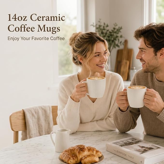 Ceramic Coffee Mug Set of 4,14 oz Vertical Striped Texture Tea Cups | White Porcelain Mugs with Handle for Latte, Cappuccino, Milk, Microwave & Dishwasher Safe, Wedding & Housewarming Gift - Image 9