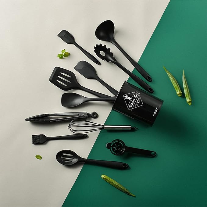 Black Kitchen Utensils Set-12 Pieces Silicone Cooking Utensils Set | Dishwasher Safe 392°F Heat Resistant Spatula Set Kitchen Utensil Set for Nonstick Cookware,Best Kitchen Tools with Holder - Image 8
