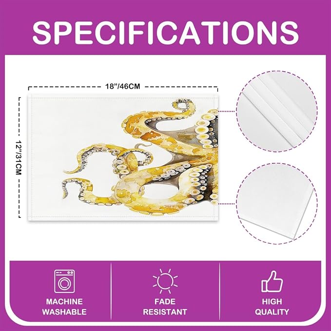 Feelyou Gald Octopus Placemats Set of 4 12"x18" Ocean Kraken Table Mats Placemat Room Decor Tentacles Placemats for Dining Table Indoor Outdoor Kitchen Sealife Sea Animal Decor Table Place Mats White - Image 4