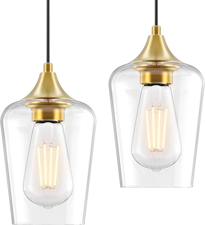 Ralbay Farmhouse Brushed Gold Pendant Light 2-Pack, Pendant Light Fixtures with Wine Clear Glass Shade, Kitchen Island Lighting for Dining Room, Rustic Adjustable Hanging Lighting Fixture - Image 9