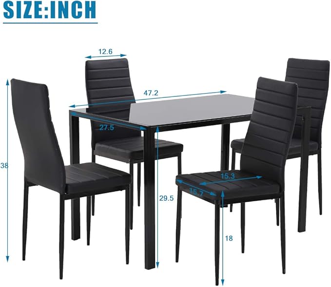 FDW | 5-Piece Dining Table Set | Black | Glass Kitchen Table | With 4 Upholstered Chairs and Faux Leather Cushions | Space-Saving and Modern Design | Easy to Assemble | for Dining Room - Image 7