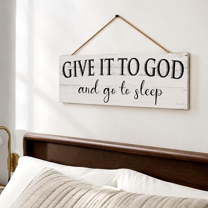 Give It to God and Go to Sleep Sign: Religious Wall Decor for Bedroom, Rustic Farmhouse Canvas Wall Art 6x14.5 Inches, Inspirational Quotes Hanging Plaque Above Bed, Christian Home Decor - Image 7