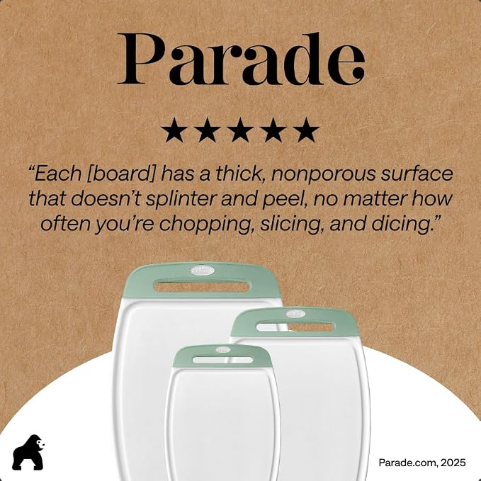 GORILLA GRIP BPA-Free Reversible Kitchen Cutting Board Set of 3, US Designed, Nonporous, Juice Grooves Catch Liquid, Slip Resistant Border, Dishwasher Safe, Durable Large Food Chopping Boards, Mint - Image 9