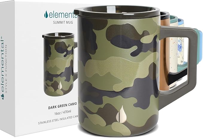Elemental Insulated Coffee Mug - Triple-Wall Stainless Steel Summit Travel Cup for Hot and Cold Drinks - Thermal Coffee Mug with Lid and Handle for Camping, Office & Travel 16oz - Dark Green Camo - Image 8