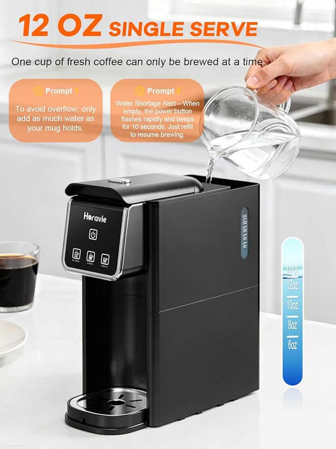 Horavie Hot and Iced Single Serve Coffee Maker, for K-Pod and Grounds, Strong Brew Setting, 6-12 Oz Brew Sizes One Cup Coffee Maker for Home, Travel, RV, Office and Dorm, Black - Image 7