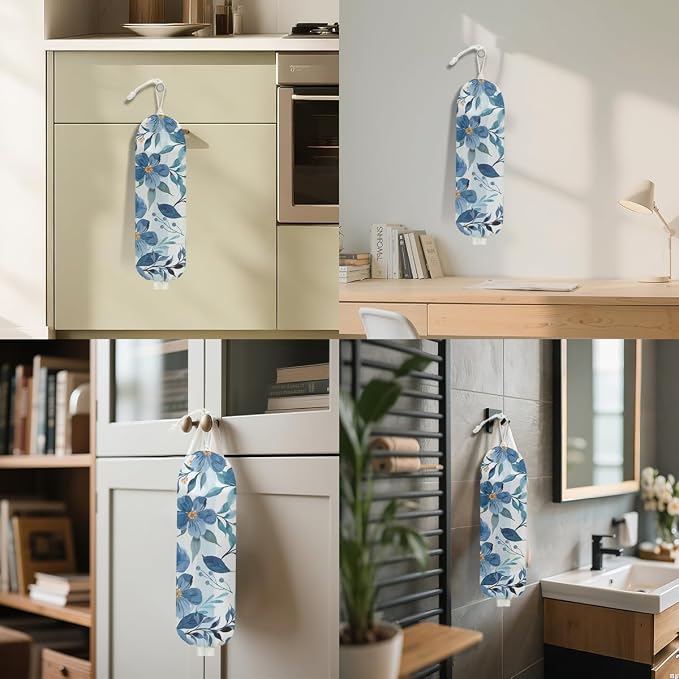 Watercolor Blue Flower Plastic Bag Holder, Wall Mount Grocery Bag Holder | Cottage Core Rustic Leaves Plastic Bag Holder, Reusable Grocery Bag Storage Dispenser, Farmhouse Kitchen Home Decor - Image 6