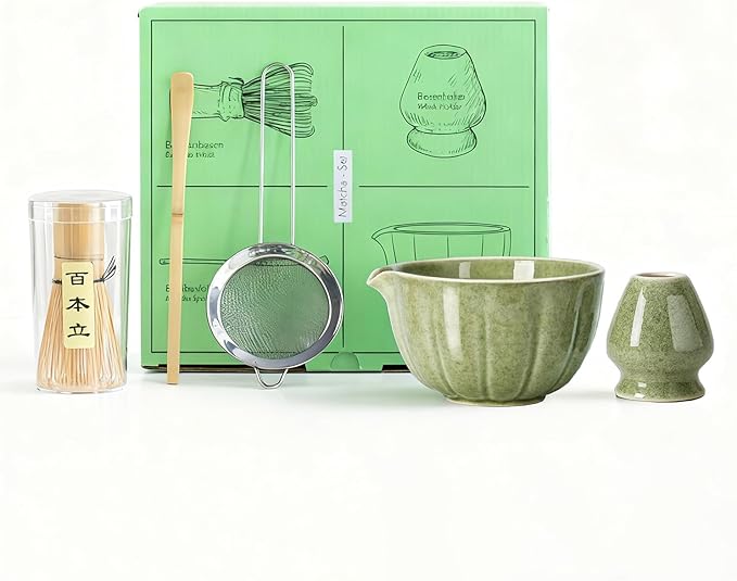 Matcha Set, 5Pcs Matcha Whisk Set, Matcha Bowl with Spout, Whisk and Holder, Bamboo matcha Scoop and Stainless Sifter,Gift for Matcha Lovers Beginner