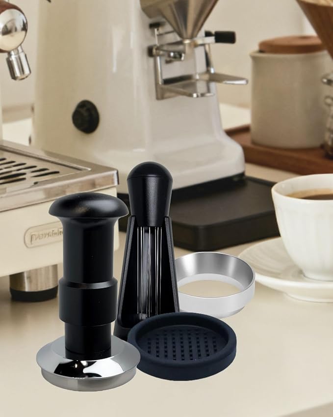 Espresso Tamper Double Spring Loaded 51/53mm with WDT Tool Espresso Accessories Kit, Stainless Steel Corrugated Base, Dosing Funnel, Tamper Mat (53mm)