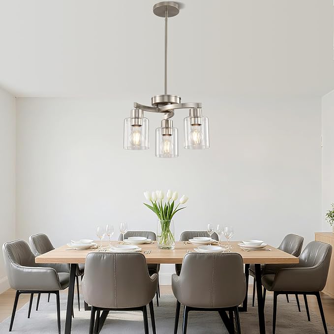 Modern Dining Room Chandelier, 3-Light Brushed Nickel Pendant Light | Industrial Pendant Light, Clear Glass Shade, Adjustable Height, E26, Dimmable - Image 9