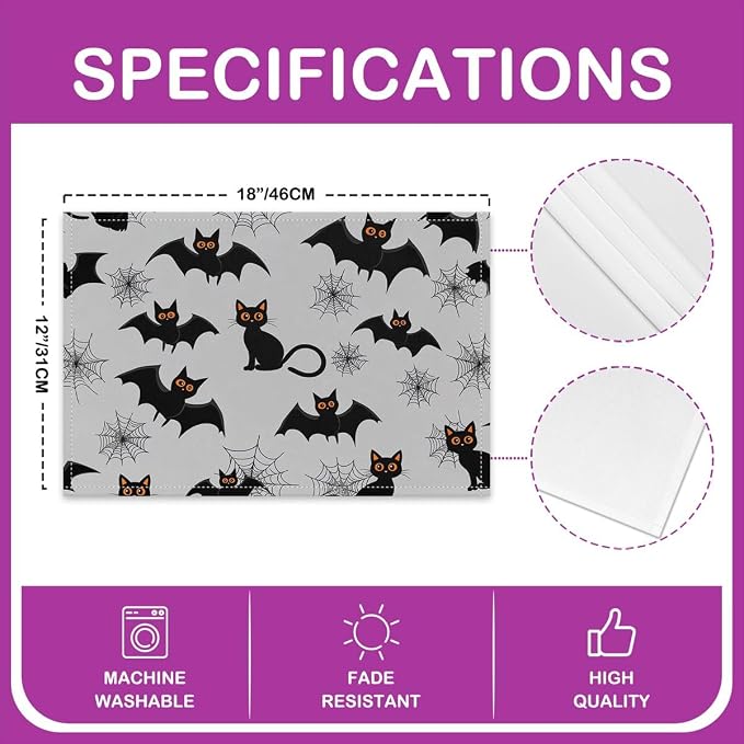 Feelyou Happy Halloween Placemats Set of 4 Bats Pattern Table Mats for Party Kitchen Dining Decoration Gray Black Place Mat for Table Holiday Decor Indoor Outdoor 18"x12" Non-Slip Spooky Cat - Image 4