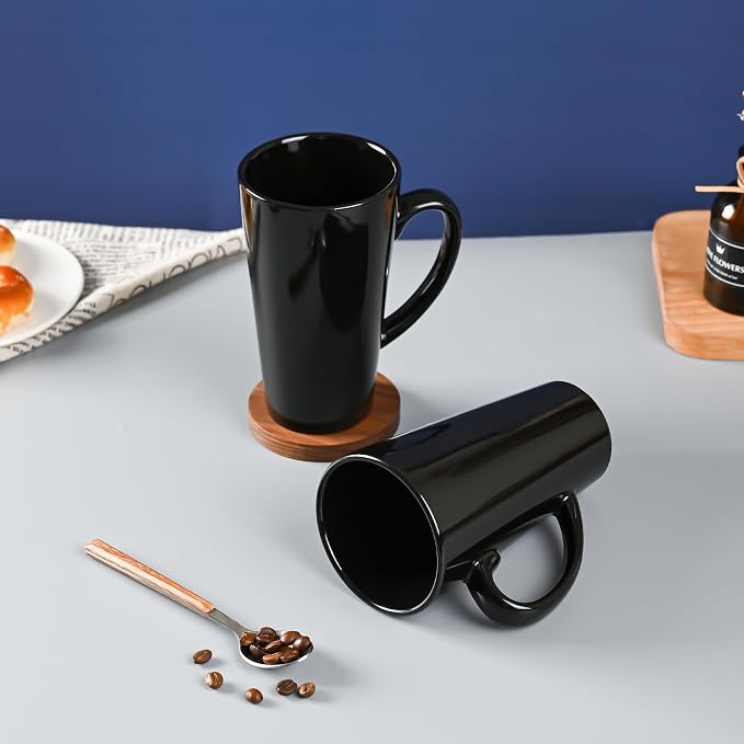 BYCNZB 16oz black Funnel Ceramic Tall Coffee Mugs for Coffee, Tea, Cocoa, Latte, Milk set of 4(Black) - Image 7
