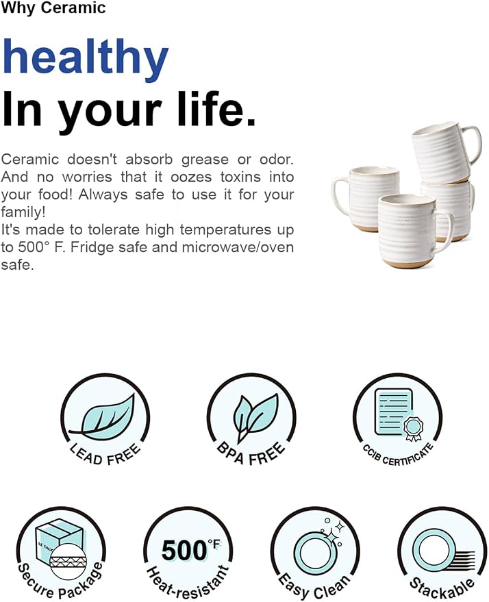 LE TAUCI Coffee Mugs 12 oz, Ceramic Coffee Cups for Latte, Hot Tea, Cappuccino, Mocha, Cocoa, Housewarming Wedding Present Mug Set - Set of 4, Arctic White - Image 9