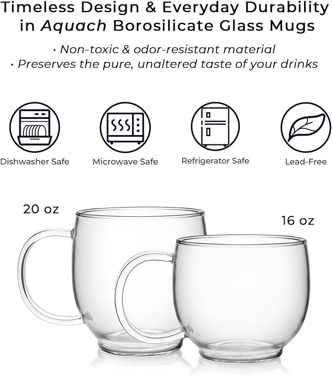 Aquach 16oz Glass Coffee Mugs Set of 2, Clear Borosilicate Tea Cups | Dishwasher & Microwave Safe, Single-walled, for Hot & Cold Beverages, Smooth Rim, Handle Comfort, Crystal Clear Transparency - Image 6