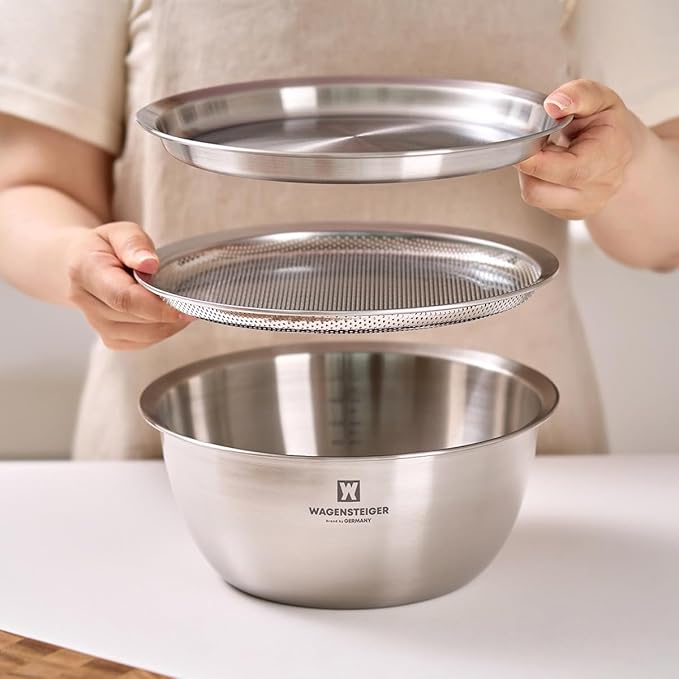 Stainless Steel Mixing Bowl Set (3-Piece) – Multifunctional Food Prep & Baking Tools with Strainer and Serving Tray, Oil Drain Tray, Nesting Storage, Easy Measurement Marks (9.45 Inch)