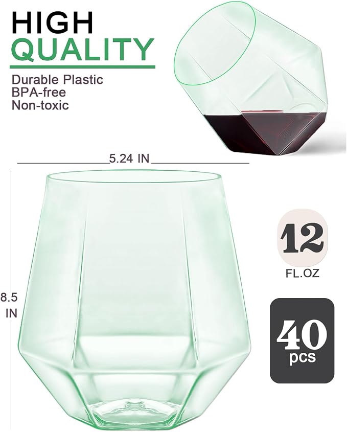 40 Pack Plastic Wine Glasses, 12 Oz Disposable Cocktail Whiskey Glasses | Diamond Stemless Champagne Margarita Glasses, Unbreakable Reusable Plastic Party Cups for Wedding Birthday (Green) - Image 2