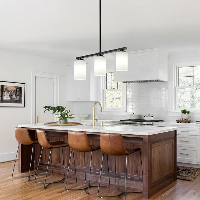 Modern Kitchen Island Lighting Black Dining Room Light Fixtures | 3-Light Linear Chandelier Over Table, 21.25'' Island Lights for Kitchen White Frosted Glass Shades, Adjustable Height - Image 8