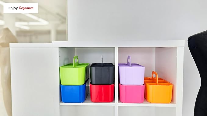 2 Pack Small 6 Compartment Multiuse Caddy Organizer with Handle Art Craft Supplies, Office, Desk, Stationery Pen Holder Stackable- Made In USA (Hot PInk)
