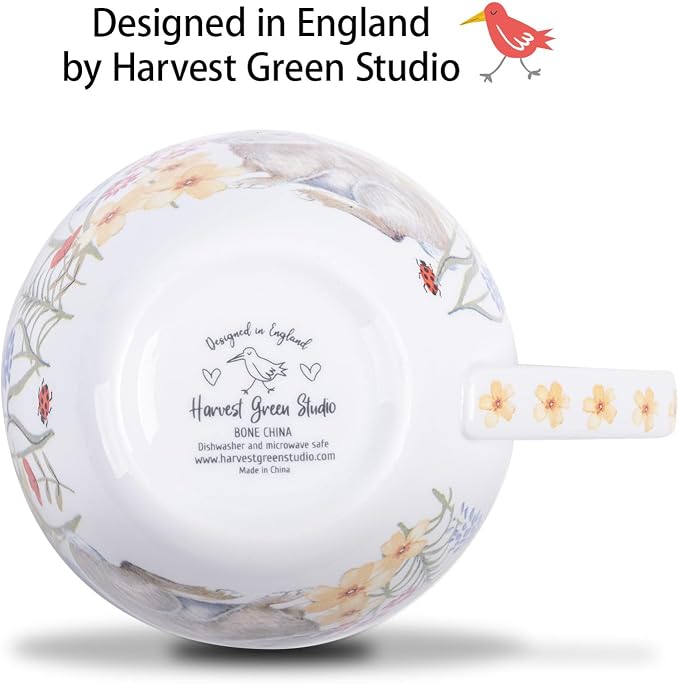 20 oz Bunny Coffee Mug with Spring Flowers & Happy Days Slogan, Premium Bone China Rabbit Coffee Cup, Cute Garden Gift for Women, Family&Friends, Designed in England by Harvest Green Studio - Image 7