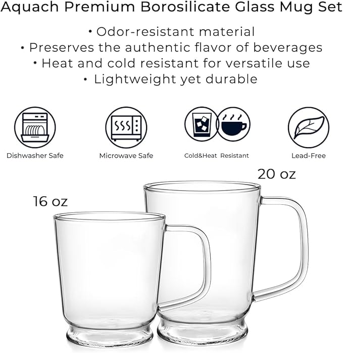 Aquach Clear Glass Mug 16 oz – Borosilicate Glass Coffee Mug, Large Tea Cup for Hot & Cold Drinks, Dishwasher Safe Glass Cups