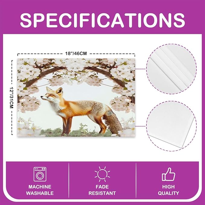 Feelyou Fox Table Place Mats 18"x12" Cute Cartoon Fox Placemats Set of 4 Ultra Soft Woodland Fox Placemat for Kitchen Dining Table Wild Animal Indoor Outdoor Decor Table Mats Cherry Blossoms - Image 4