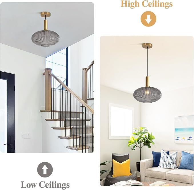 KCO Vintage Gold Brass 11.8” Large Smoke Gray Ribbed Glass Pendant Light | E26 Base, Oval Lantern Shade, Mid Century Modern Adjustable Hanging Lamp for Kitchen Island Dining Room Entryway Bedroom Bar - Image 7