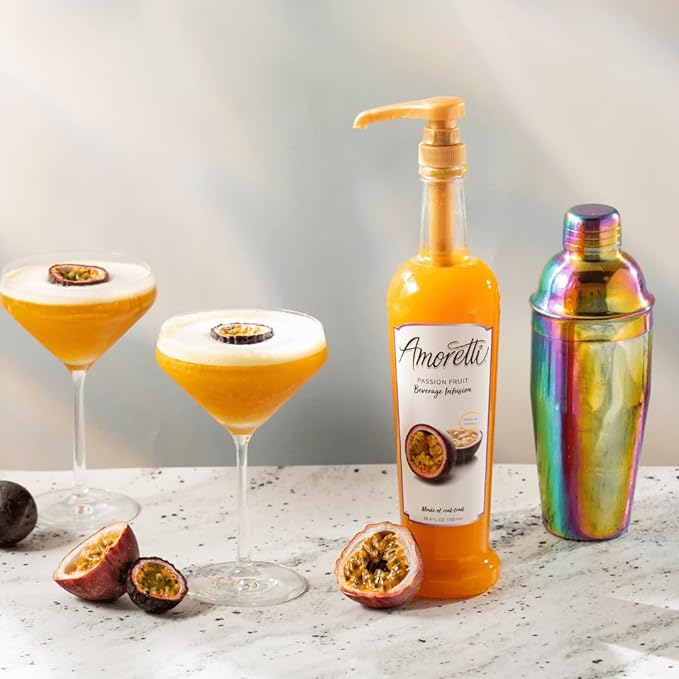 Amoretti - Passion Fruit Beverage Infusion Drink Mix & Water Enhancer with Pump for Flavoring Cocktails, Waters, Tea, and other Beverages, 94 Servings Per Bottle (750 ml), Preservative Free