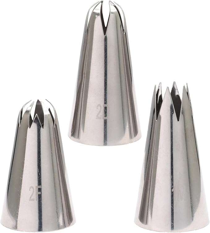 2D+1M+2F Piping Tips Set for Cake Decorating - 3 Piece Stainless Steel Star Nozzles for Buttercream, Icing, Cupcakes & Cookies