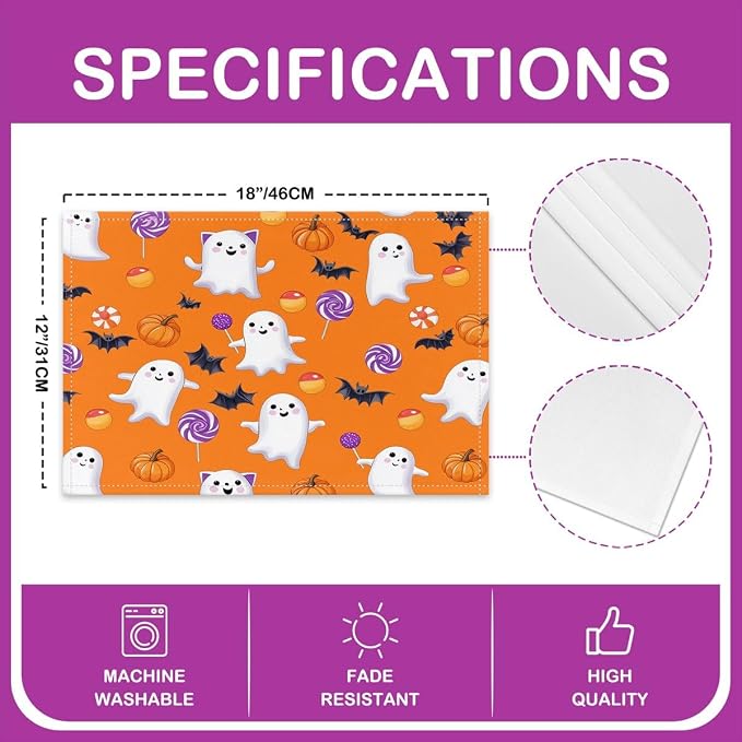 Feelyou Happy Halloween Placemats Set of 4 Cute Ghost Pumpkin Table Mats for Party Kitchen Dining Decoration Holiday Seasonal Orange White Purple Place Mat for Dinner Table Indoor Outdoor 18"x12" Bats - Image 4