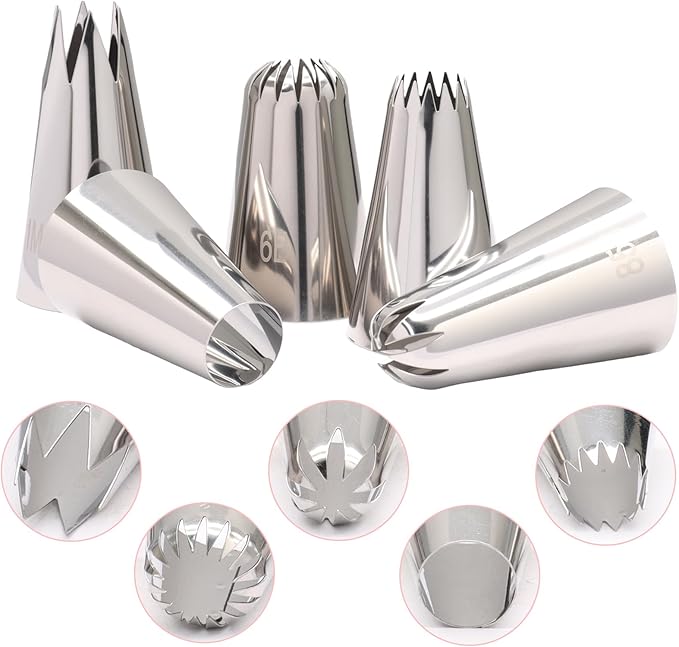 1M+6B+4B+853+1A Piping Tips Set for Cake Decorating - 5 Piece Stainless Steel Star Nozzles for Buttercream, Icing, Cupcakes & Cookies