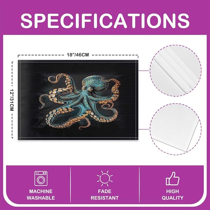 Feelyou Blue Black Octopus Placemats Set of 4 12"x18" Tentacles Table Mats Placemat Room Decor Ocean Kraken Placemats for Dining Table Indoor Outdoor Kitchen Sealife Sea Animal Decor Table Place Mats - Image 4