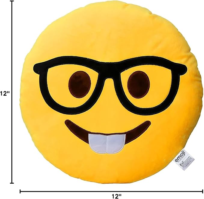 EvZ Official Certified Glasses Boy Emoji Pillow - 32cm Large Soft Plush Smiley Face Geek Emoticon Cushion - Cute Decorative Stuffed Toy for Students, School Gift, Home & Office Decor (Yellow) - Image 4