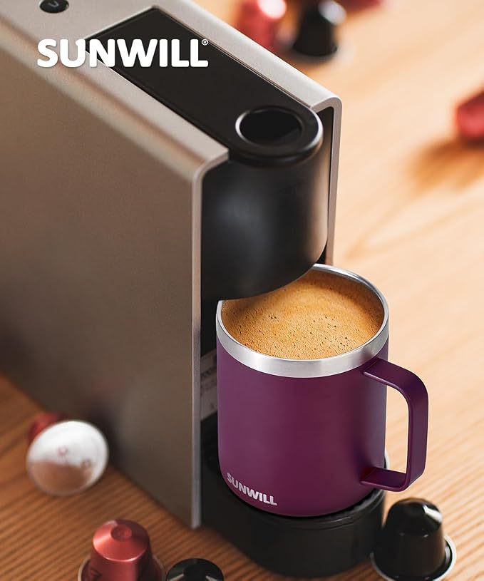 SUNWILL Travel Coffee Mug with Lid, Insulated Tumbler with Handle, 14 oz Stainless Steel Cup for Camping, Office, Home, Powder Coated Plum - Image 6